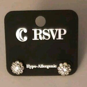 Silvertone Crystal Studs Pierced Earrings Bridal Fashion .3" Round Charming RSVP